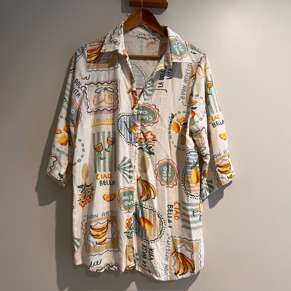 Label of Love Italian Print Tunic Top Button Down Shirt Cover Up Dress Ciao Med